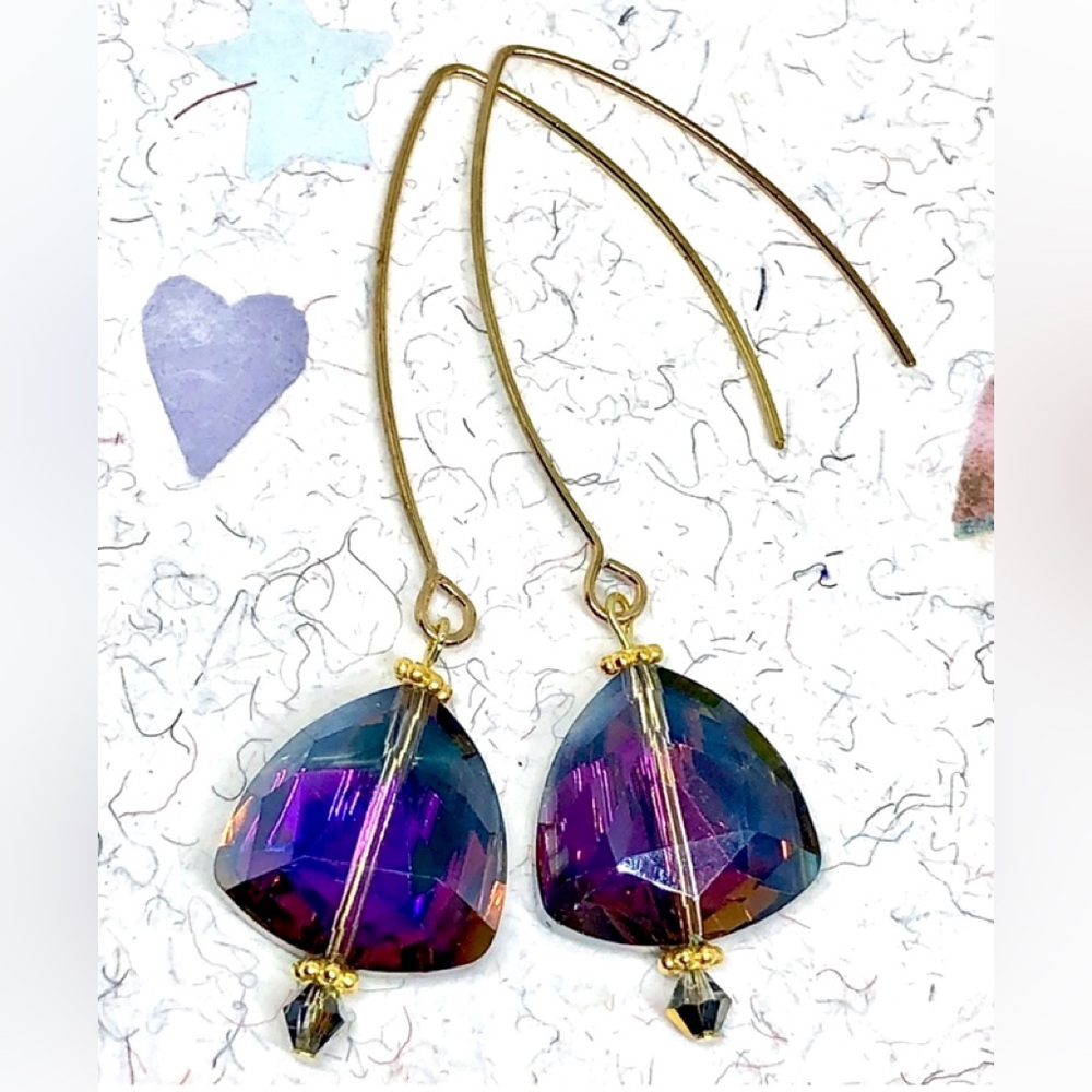 Rose Green Mystic Crystal Triad Fancy Long Hook Gold Tone Earrings Colorized NWT